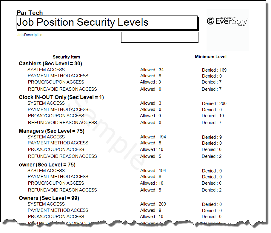 Job Position Security Levels Pixelpoint Reporting Catalog