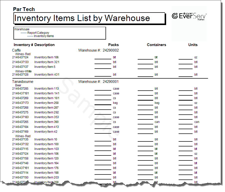 Manual Inventory List by Warehouse Form Report